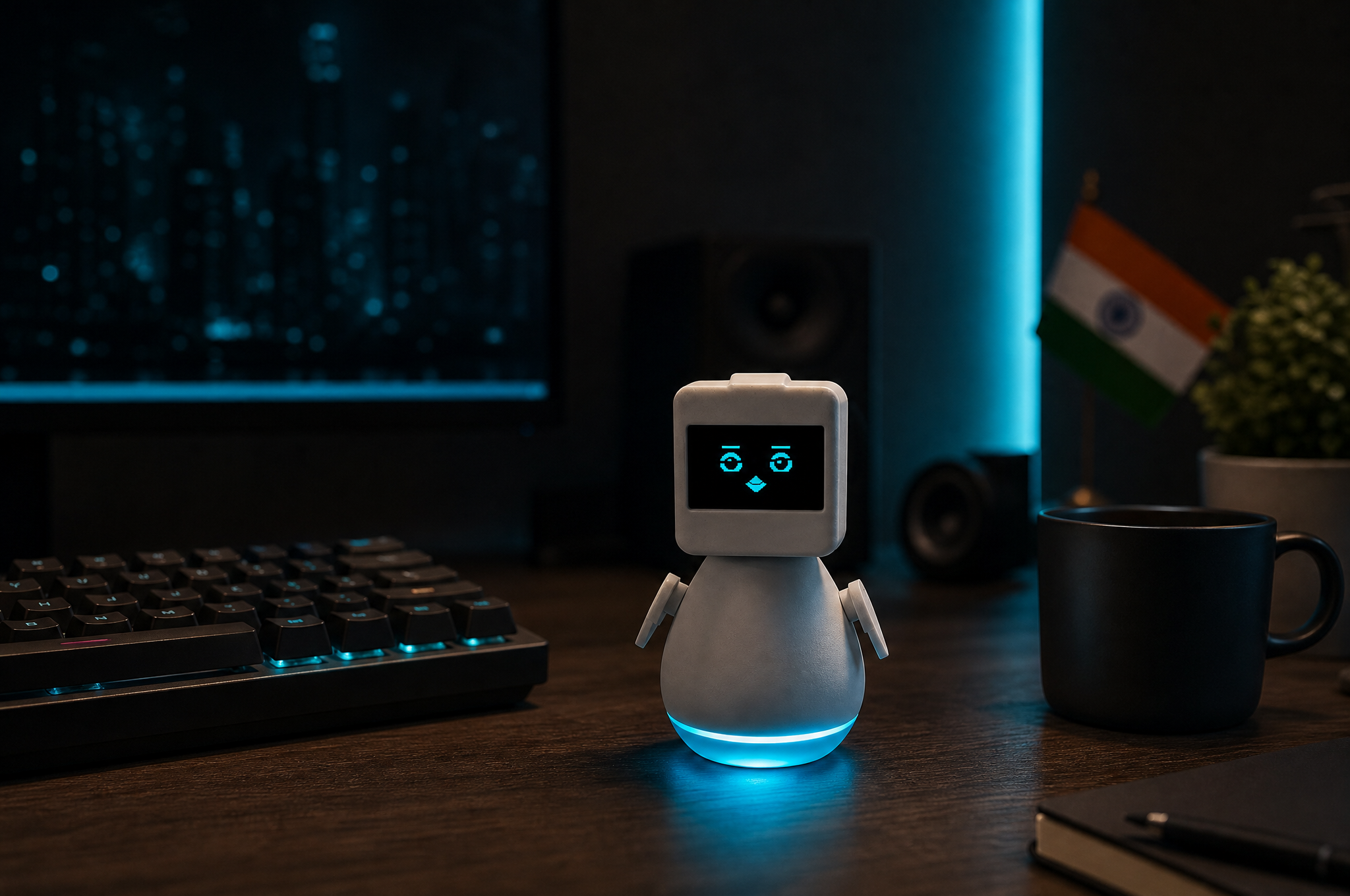 Nameless robot companion glowing on a dark desk beside a keyboard and coffee mug