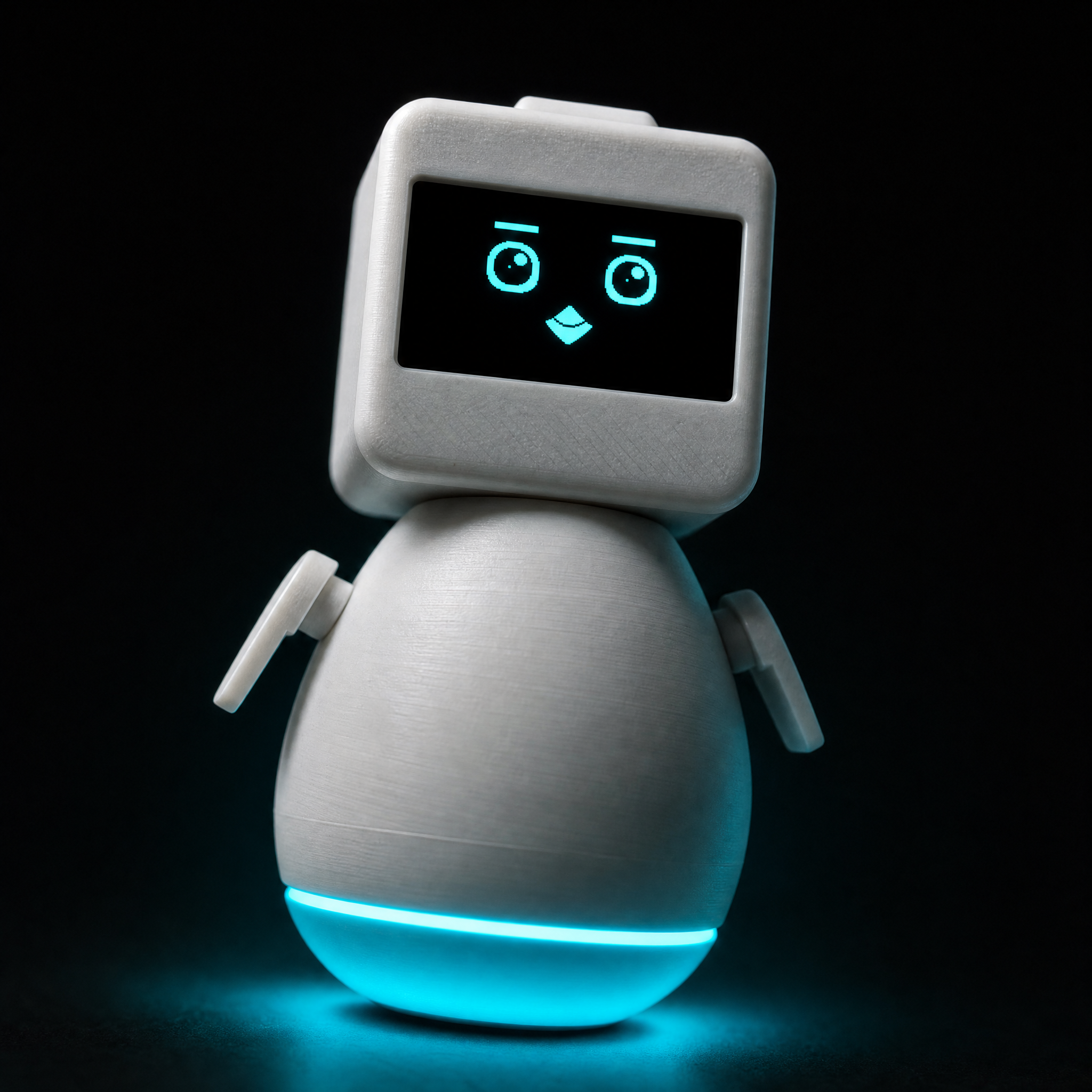Nameless robot companion — clean product render with cyan glow